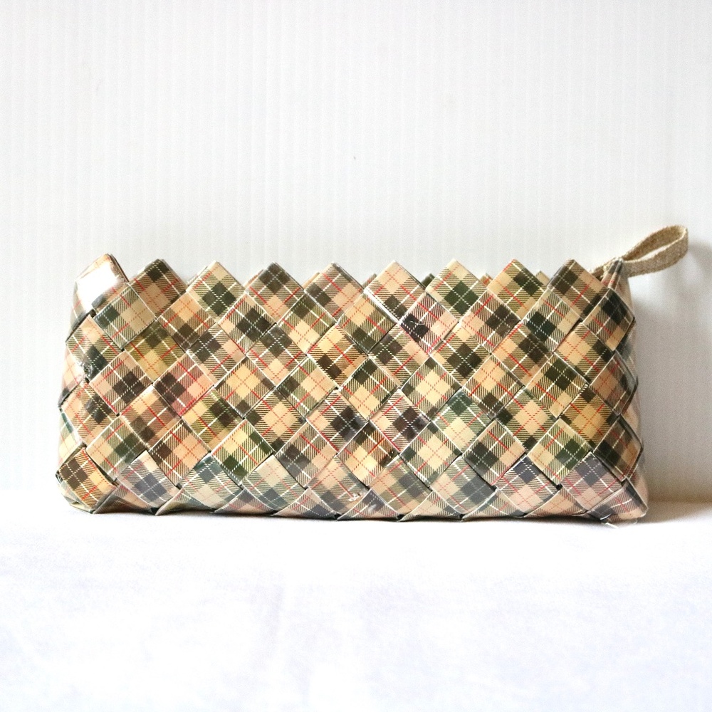 Nahui Ollin Small Plaid Clutch Bag Purse Beige Black Red Recycled Candy Wrapper